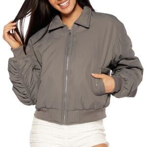 beginning boutique gray puff bomber jacket